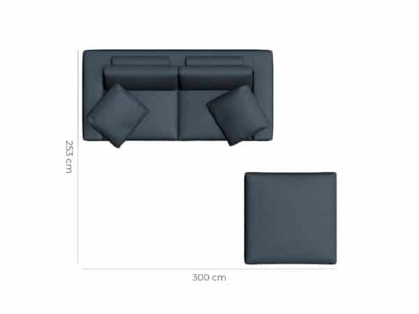 divano 3 posti xl con pouf quadrato e cuscino decorativo